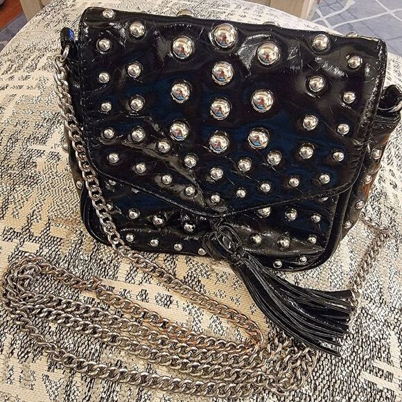 SR Squared Sondra Roberts Silver Studded Black Shiny Shoulder Bag with Tassel - Picture 2 of 9